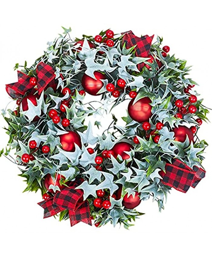 MTSCE Window Wreath Christmas Ivy Garland with Christmas Balls Red Berries & Ribbon for Front Door Indoor Outdoor Wall Christmas Decorations 18 in