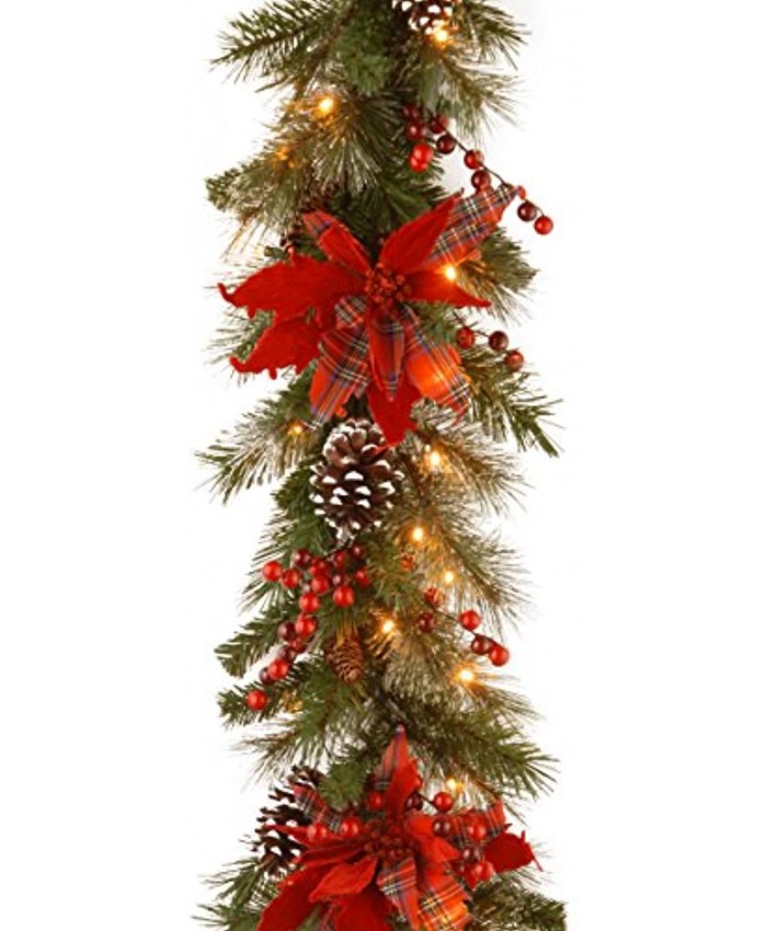 National Tree Company Pre-Lit Artificial Christmas Garland Green Evergreen White Lights Decorated With Plaid Bows Berry Clusters Pine Cones Plug In Christmas Collection 9 Feet