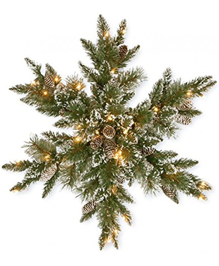 National Tree Company Pre-Lit Artificial Christmas Star Wreath Green Glittery Bristle Pine White Lights Decorated with Pine Cones Frosted Branches Christmas Collection 32 Inches