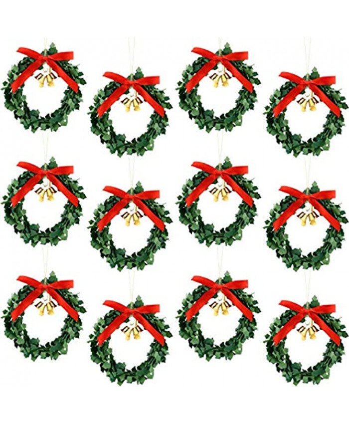 Syhood 12 Pieces Mini Christmas Wreaths with Two Gold Bells 3.5 Inch Christmas Pine Wreaths for Front Door Christmas Holiday Indoor Home Decor