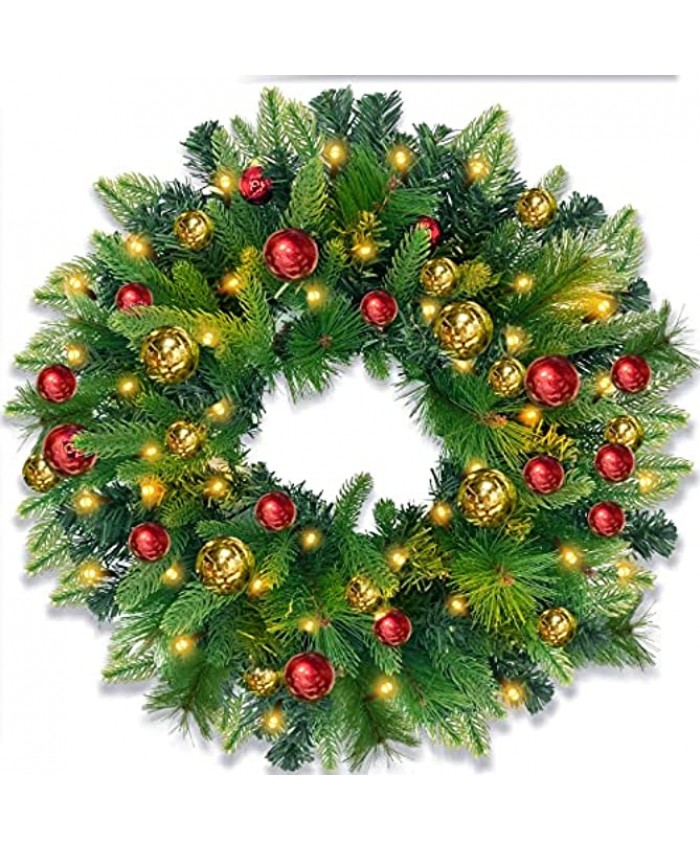 TURNMEON 20" Prelit Christmas Wreath Decor for Front Door Realistic Feel 40 Lights Timer 32 Xmas Ball Ornament Pine Needles Battery Operated Artificial Wreath Christmas Decoration Home Indoor Outdoor