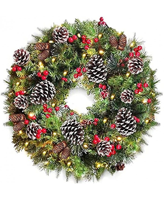 TURNMEON 24 Inch Christmas Wreath with 80 Lights Timer Battery Operated Christmas Indoor Outdoor Decoration for Front Door 220 Pine Branch Pine Cones Berries Snow Bristle Pine Xmas WreathWarm White