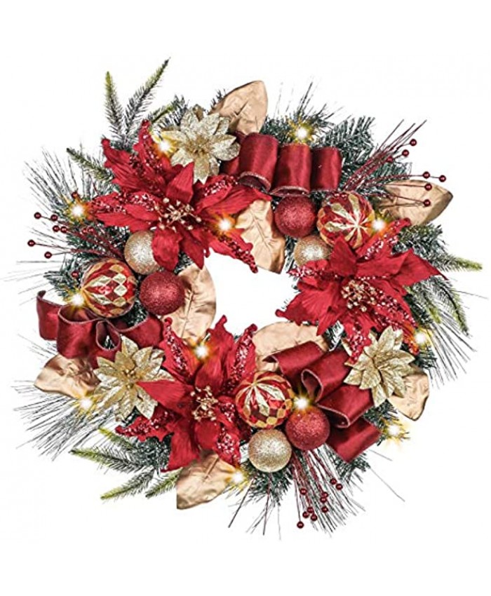 Valery Madelyn Pre-Lit 24 inch Luxury Red Gold Lighted Christmas Wreath for Front Door with Ball Ornaments Battery Operated 20 LED Lights Holiday Decoration for Fireplace Xmas Decor