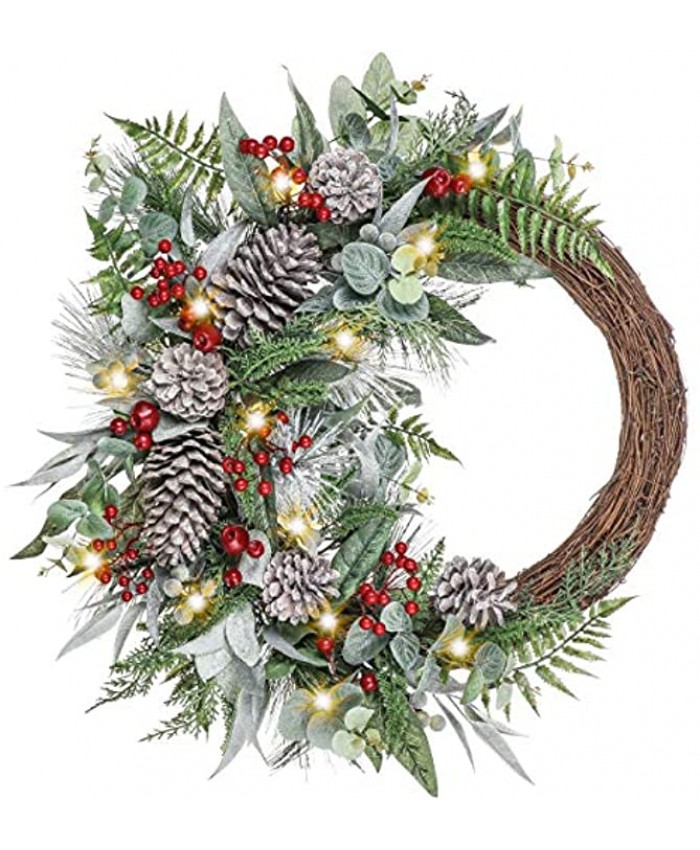 Valery Madelyn Pre-Lit 24 inch Natural Fresh Lighted Christmas Wreath for Front Door with Pine Cones Battery Operated 20 LED Lights Holiday Decoration for Fireplace Xmas Decor