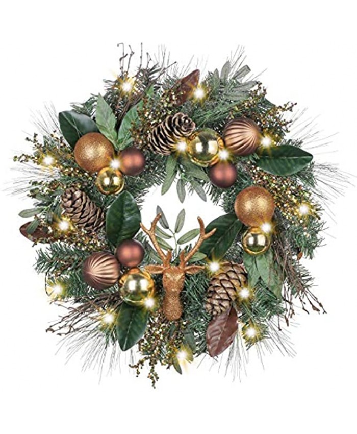 Valery Madelyn Pre-Lit 24 inch Woodland Lighted Christmas Wreath for Front Door with Ball Ornaments Battery Operated 20 LED Lights Holiday Decoration for Fireplace Xmas Decor