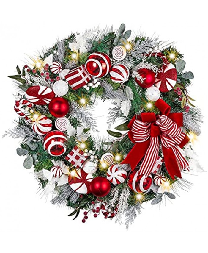 Valery Madelyn Pre-Lit 30 inch Sweet Candy Red White Large Lighted Christmas Wreath for Front Door with Ball Ornaments Bows Battery Operated 40 LED Lights Holiday Decoration for Fireplace Xmas Decor