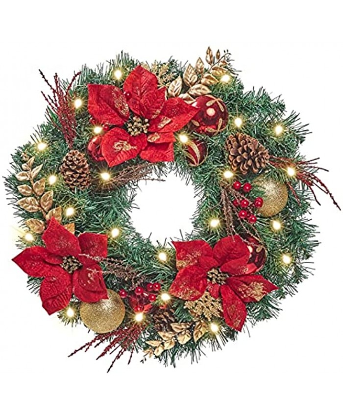 WBHome 24 Inch Pre-lit Artificial Christmas Wreath Red Themed with 30 LED Lights Holiday Decorations Battery Operated Batteries NOT Included