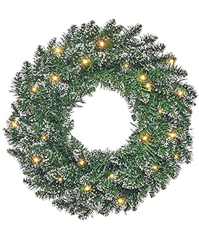 WBHome 24 Inch Pre-lit Artificial Christmas Wreath with 30 LED Lights Frosted Snowy White Holiday Decorations Battery Operated Batteries NOT Included