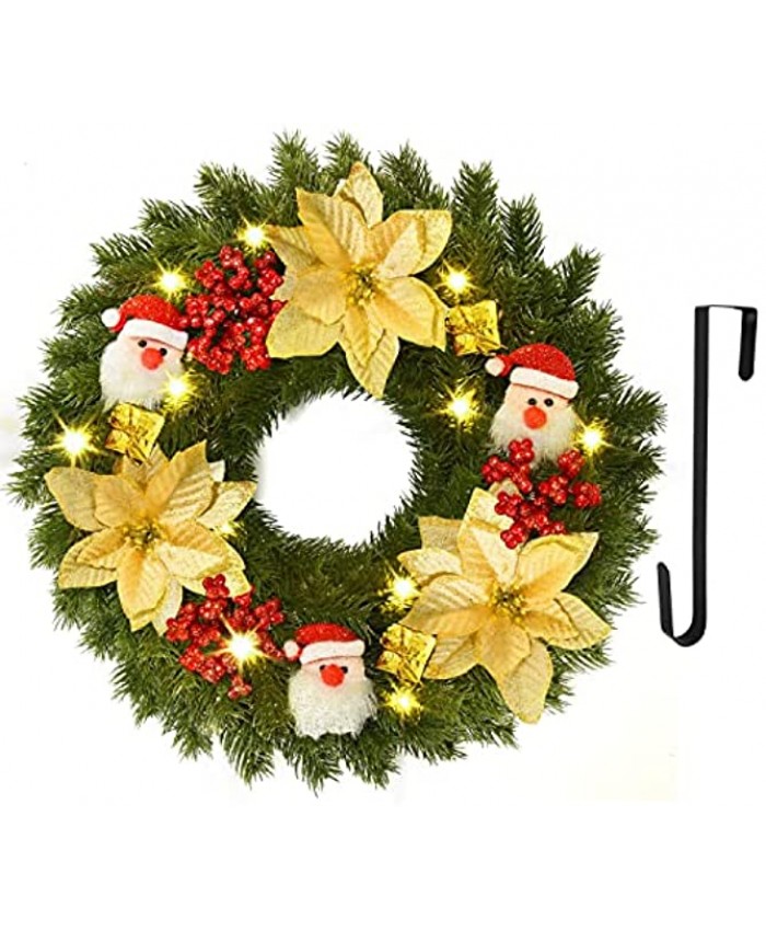YoleShy Pre-lit Christmas Wreaths with Gold Flowers Santa Claus Battery Operated Christmas Pine Wreath with Hanger Artificial Xmas Wreath Decor for Front Door Window Fireplace Indoor Outdoor Use