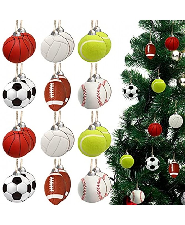 24 Pieces Christmas Sport Ball Ornaments Christmas Wooden Sports Ball Ornaments Set Soccer Ball Basketball Baseball Football Volleyball Tennis Ball Ornaments for Home Party Christmas Tree Decoration