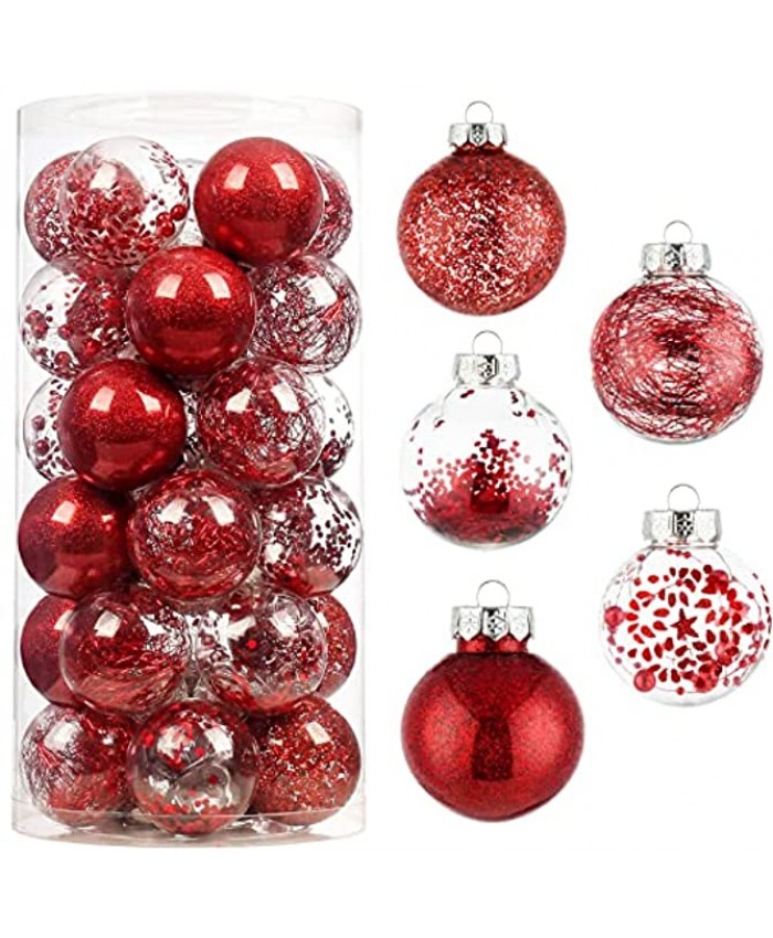 30ct Christmas Ball Ornaments-60mm 2.36" Shatterproof Clear Plastic Xmas Balls Baubles Set with Stuffed Delicate Sparkling Hanging Christmas Tree Decorations Red