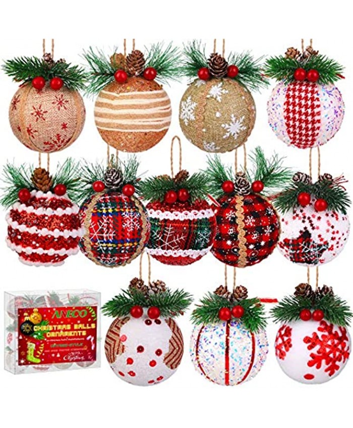 Aneco 12 Pack Christmas Ball Ornaments Xmas Balls Baubles Set Assorted Styles Foam Christmas Tree Baubles with Pine Cones and Berries for Holiday Wedding Party Decoration