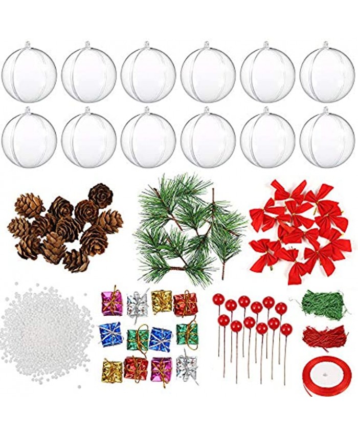 Auihiay 12 Pack Clear Christmas Ball Ornaments Fillable Plastic Balls Baubles and Various Accessories for DIY Craft Christmas Tree Ornaments Wedding Party Home Decorations