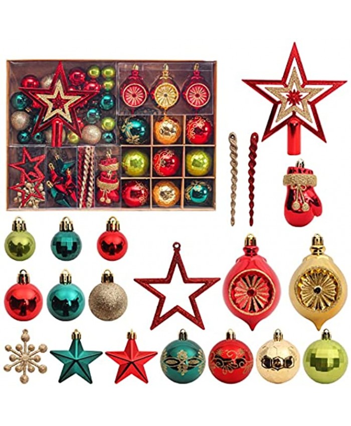 Christmas Tree Decoration 78pcs Christmas Tree Decoration Set Box Red Green and Gold Christmas Ball Shatterproof Hanging Tree Assorted Ornament Set with Snowflakes