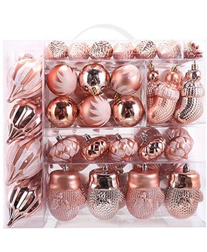 MOWARM 102-Pack Various Shatterproof Christmas Balls， Christmas Decorative Ball Ornaments with Gift Package for Xmas Tree -Rose Gold