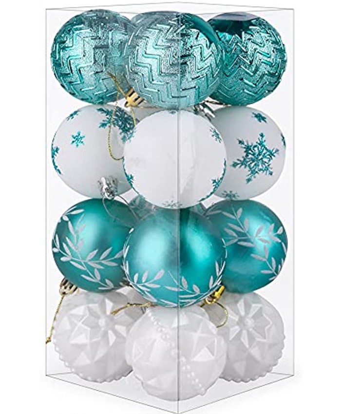 PIIDUOO Christmas Balls Ornaments for Xmas Tree Small Shatterproof Christmas Tree Decorations White Teal Balls Ornament Plastic 2.36 Inches | 60mm Set 16pcs