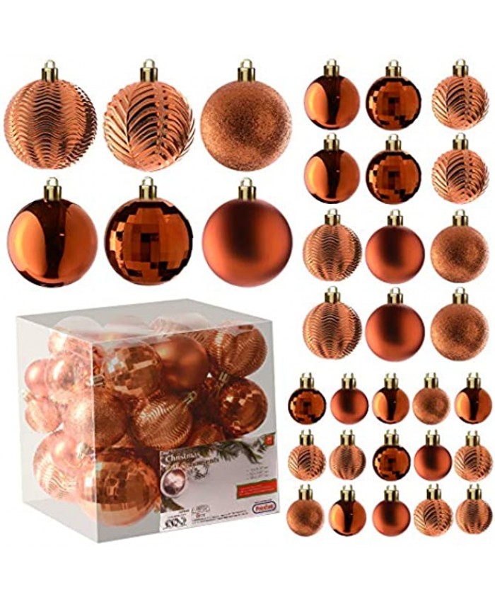 Prextex Copper Orange Christmas Ball Ornaments for Christmas Decorations 36 Pieces Xmas Tree Shatterproof Ornaments with Hanging Loop for Holiday and Party Decoration Combo of 6 Styles in 3 Sizes