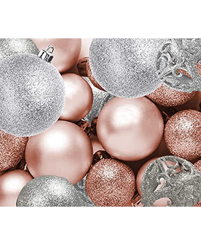 R N' D Toys 100 Rose Gold and Silver Christmas Ornament Balls Shatterproof + 100 Metal Ornament Hooks Hanging Ornaments for Indoor Outdoor Christmas Tree Holiday Party Home Décor