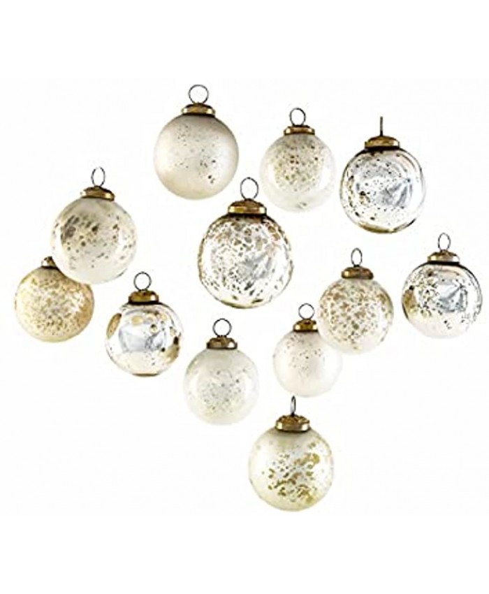 Serene Spaces Living Set of 12 Vintage Style White & Silver Glass Ball Ornaments for Christmas Tree Holiday Decorations Winter Wedding Table Centerpiece Window Box Measures 2.5" Diameter