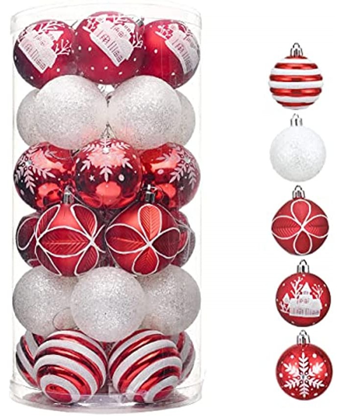 Valery Madelyn 30ct 60mm Traditional Red and White Christmas Ball Ornaments Decor Shatterproof Christmas Tree Ornaments for Xmas Decoration