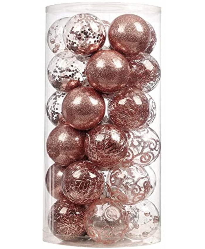Wironlst 60mm 2.36" Christmas Ball Ornaments Shatterproof Clear Large Plastic Hanging Ball Decorative Baubles Set with Stuffed Delicate Decorations 24 Counts Rose Gold