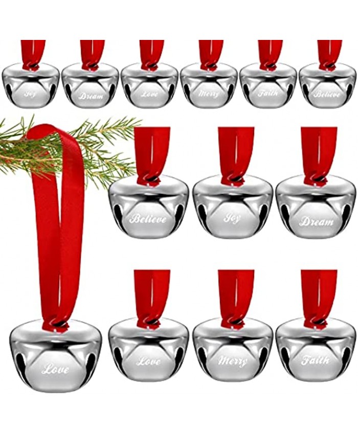 12 Pieces 1.5 inches Christmas Bell Ornament Sleigh Bell with Red Ribbon Believe Joy Love Merry Dream Faith Metal Bells Christmas Tree Hanging Bell Decorations for Xmas Home Decoration Silver