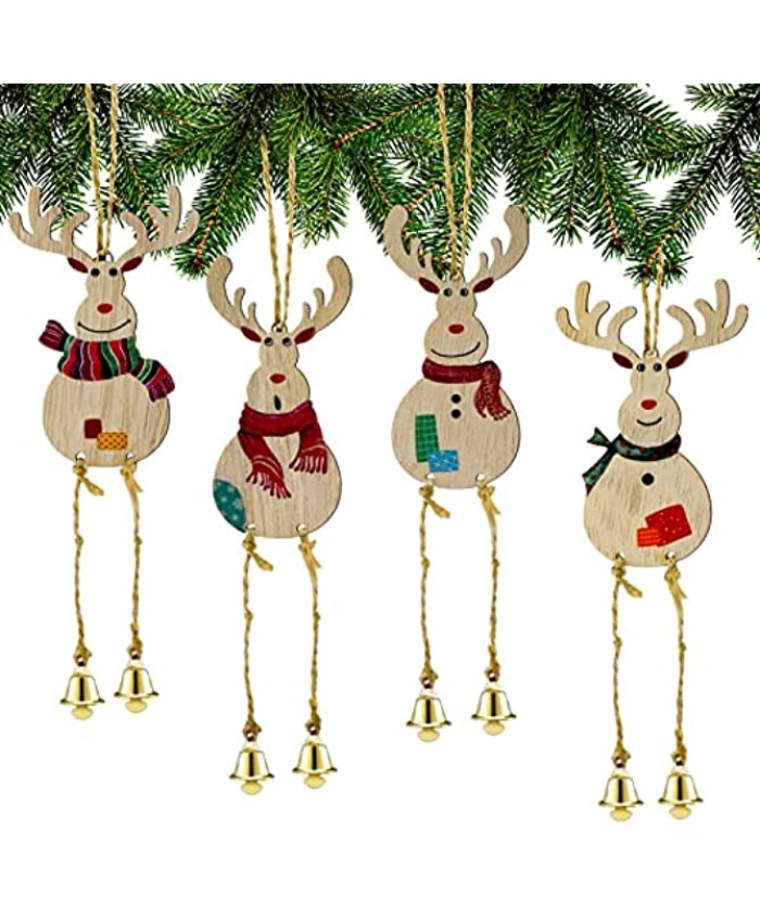 12 Pieces Farmhouse Christmas Ornaments Reindeer Rustic Christmas Ornaments with Flax Ropes Jingle Bells Hanging Xmas Wood Ornaments Handmade Wood Reindeer for Outdoor Holiday Door Decorations