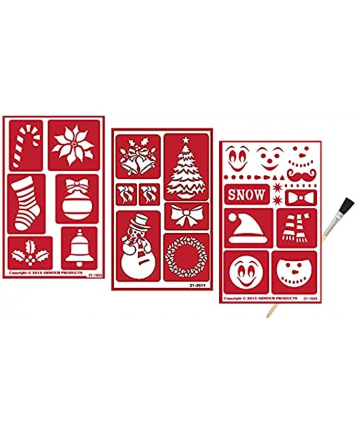 3 Armour Etch Over N Over Reusable Glass Etching Stencils | Christmas Holiday Themed Stencil | Snowman Holly Snow Jingle Bells Tree Wreath Candy Cane Smiley Face Theme | Set Includes Brush