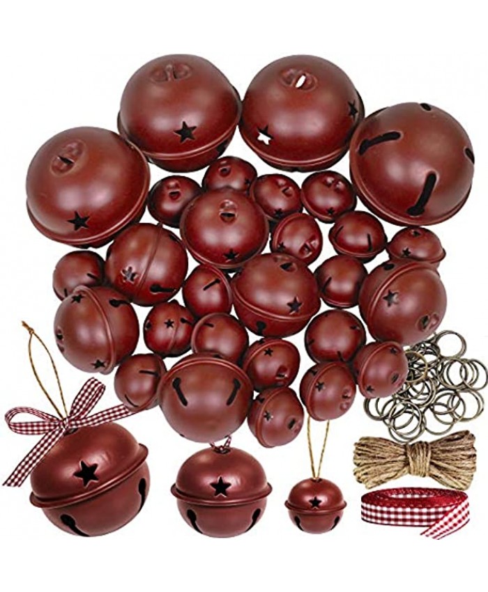 30 Pcs Christmas Metal Sleigh Bells Rustic Burgundy Jingle Bells with Star Cutouts Rustic Craft Bells 1.6" 2.4" 3.5" for Christmas Tree Wreath Garland Ornaments Holiday DIY Decorations