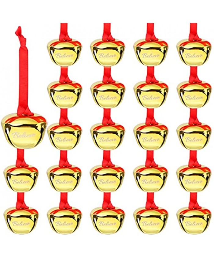 30 Pieces Believe Bell Ornament for Christmas Tree Sleigh Bell with Ribbon Xmas Party Home Decoration 1.5 inch Gold