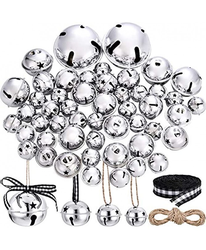 50 Pieces Jingle Bell with Star Cutout Metal Sleigh Bell Rustic Christmas Xmas Tree Ornaments Assorted Size with Hanging Ribbon and Rope for Holiday Wreath Garland Craft Decorations Silver Bells