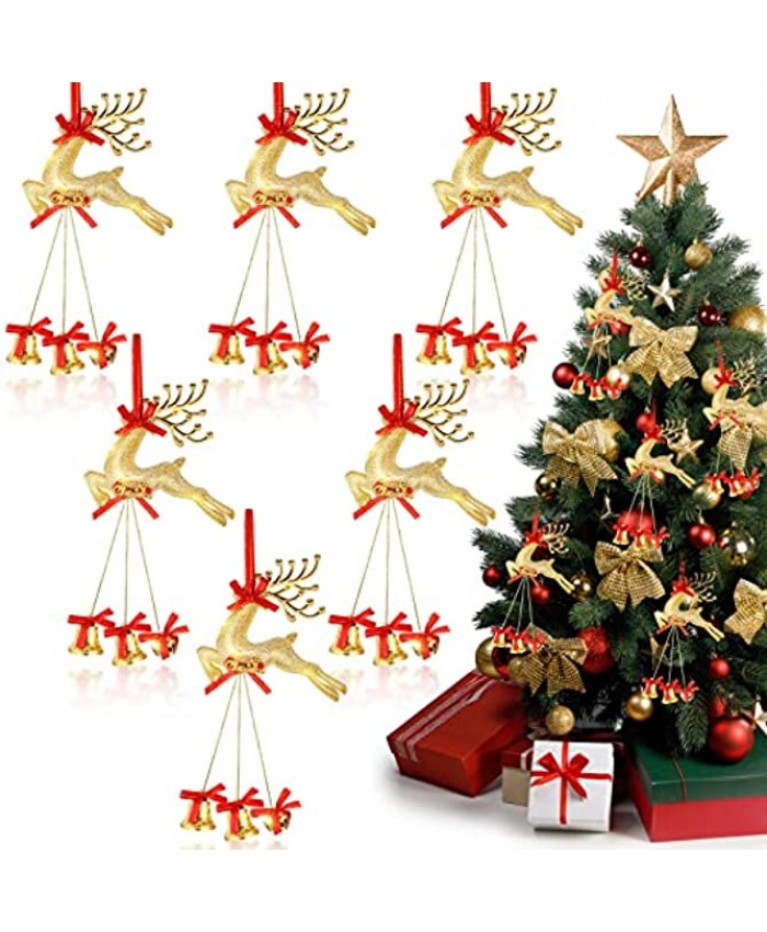 6 Pieces Christmas Jingle Bells Christmas Tree Bell Decorations Plated Bells Reindeer Ornaments Hanging Xmas Tree Decorations Pendants for Wall Mantel Window Ornaments Party Supplies Gold