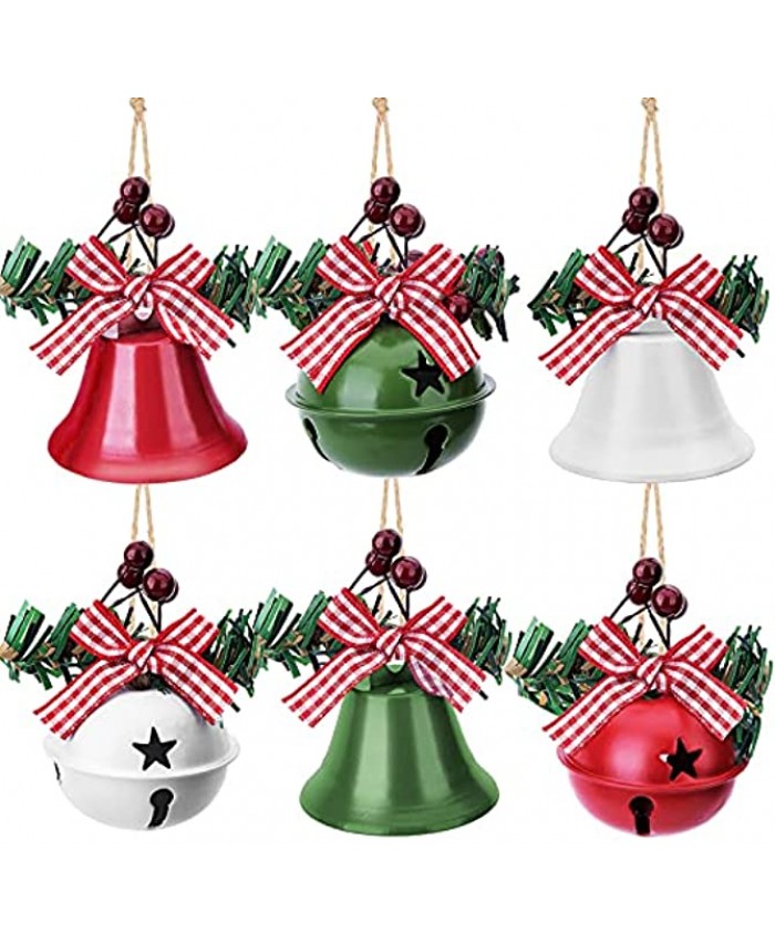 6 Pieces Christmas Jingle Bells Ornaments Craft Christmas Tree Hanging Bell Pendant with Holly Berry and Bow for Christmas Party Supplies for Tree Decor,Wreath,Wall