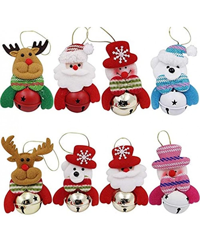 8 pcs Christmas Tree Ornaments Small Christmas Decorations for Home Plush Hanging with Bells Decor for Xmas Tree Santa Snowman Reindeer Bear