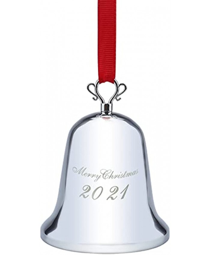 Annual Christmas Bell Ornament 2021 Metallic Bell Ornaments for Christmas Tree or Wall Silver Decoration Bell with Red Ribbon