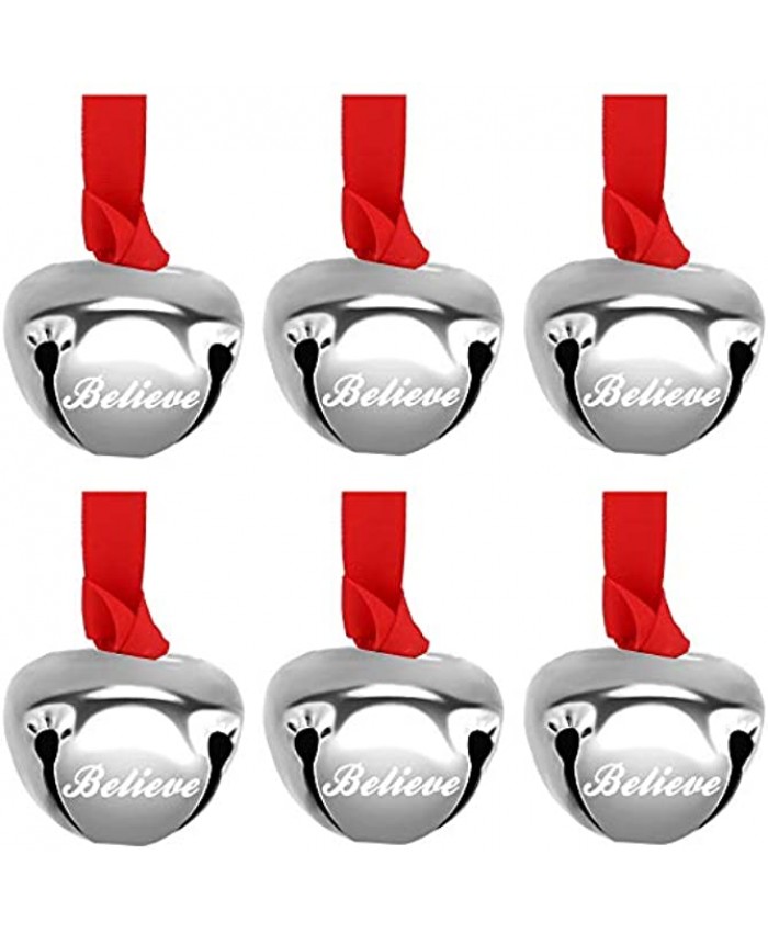 Believe Bell Ornament Christmas Sleigh Bell with Red Ribbon 1.5 Inch Metal Sliver Christmas Jingle Bell Ornament for Christmas Tree Holiday Home Decoration Silver,12 Pieces