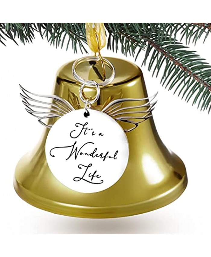 Gejoy Christmas Bell Ornaments with Angel Wing Charms It's a Wonderful Life Inspired Large Gold Xmas Bells Vintage Metal Christmas Tree Hanging Decorations 2021 for Holiday Party Favors Supplies