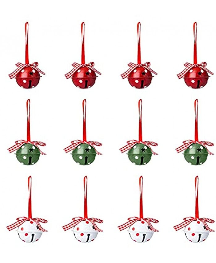 Gesundheit 12 PCS 2" Tall Christmas Jingle Bell,Christmas Tree Bells Pendant,Christmas Holiday Party Supplies Craft Bells with Star Cutouts Red & White & Green for Home Garden Christmas Tree Decor,