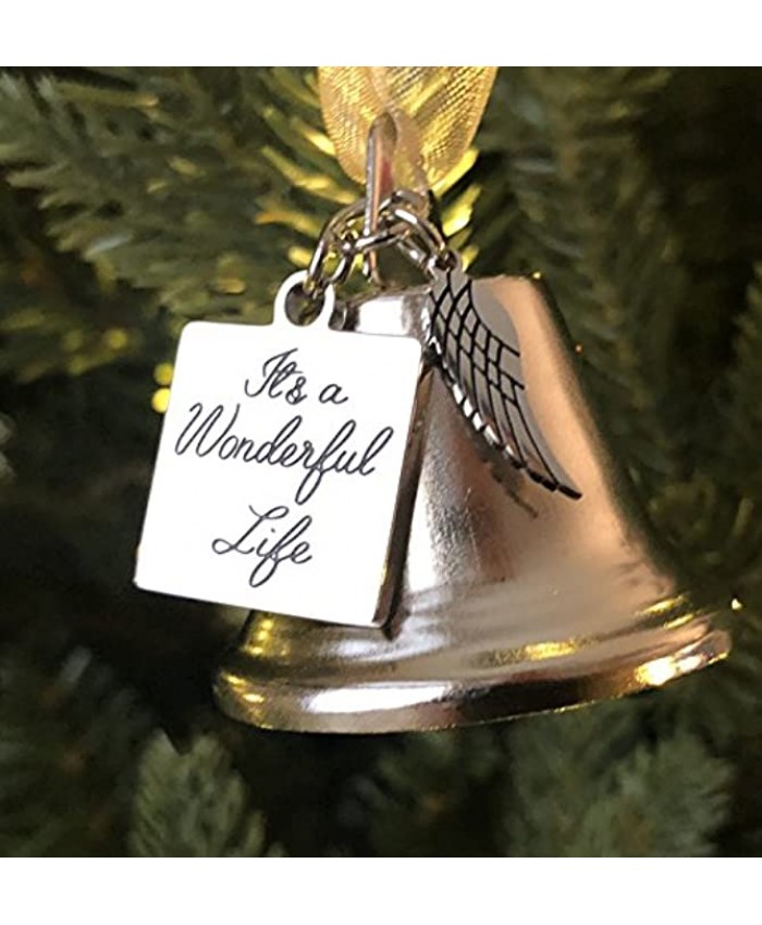It's a Wonderful Life Inspired Christmas Angel Bell Ornament with Stainless Steel Angel Wing Charm. New Larger Size and Now Comes with 2 Interchangeable Ribbons.