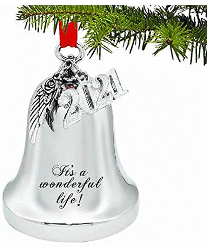JUPPE Silver Engraved It's A Wonderful Life Christmas Bell Ornaments for Xmas Tree Wedding Anniversary Decoration Pendants with Angel Wings & 2021 Charm