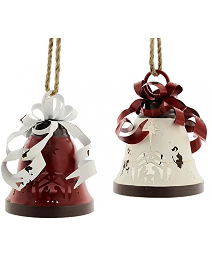 Nativity Scene Rustic Metal Bell Ornaments in Red & White
