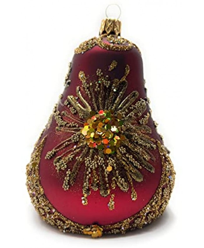 Polish Gallery Christmas Bell Ornament 4-Inch Blown Glass Hand Decorated Gold Embellishments Matt Red