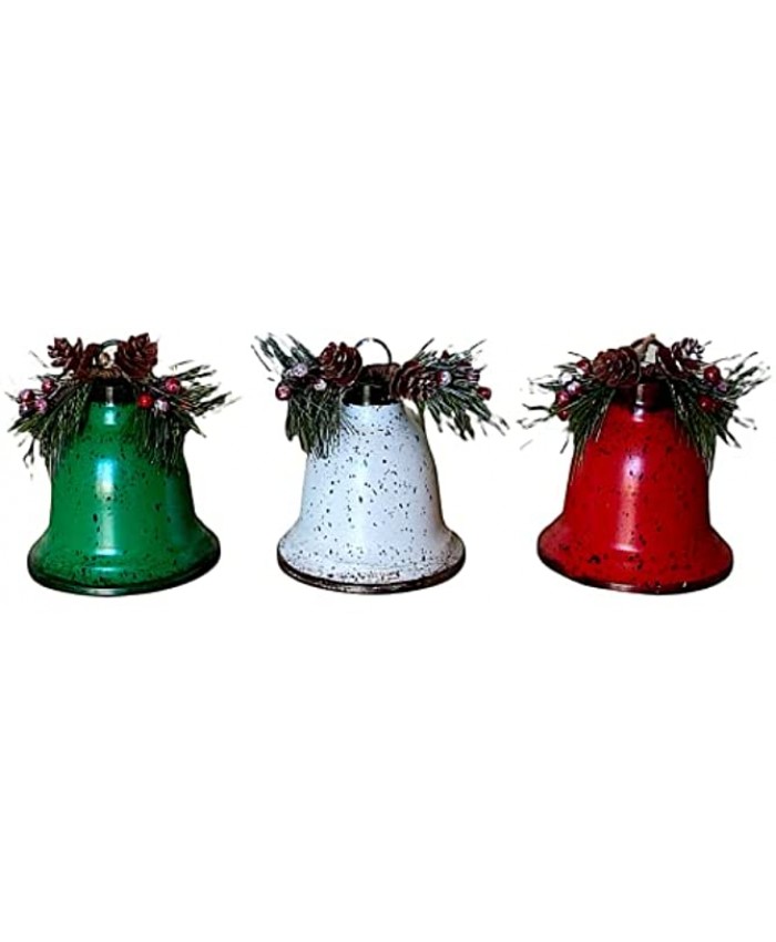 S 3 Jingle Bell Ornaments W Red Berries Pine Cones Christmas Holiday Hanging Rustic Vintage Metal Decor 5" x 4.5" S 3 Bells