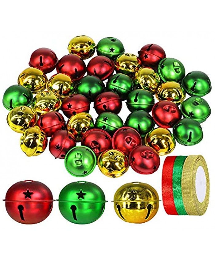 Winlyn 36 Pcs Assorted Christmas Sleigh Bells 2" Red Green Gold Metallic Jingle Bells Craft Bells for Xmas Holiday Tree Wreath Garland Hanging Ornaments Craft Bowl Vase Decor Seasonal Embellishments