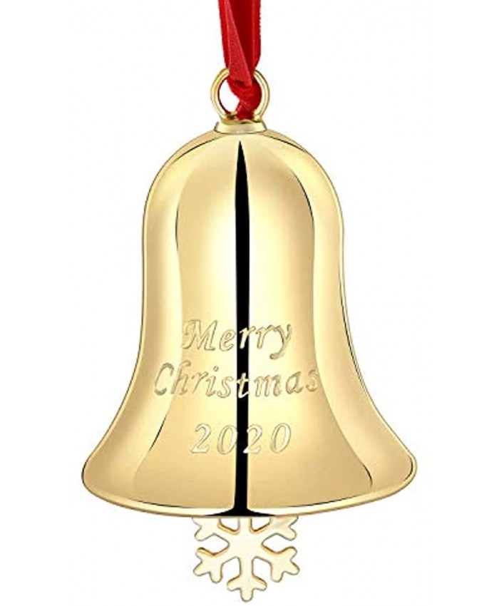 Yuokwer Christmas Bell Hanging Ornaments for Christmas Tree Gold Bell Ornament with Red Hanging Ribbon Engraved Merry Christmas 2020 Annual Edition Gold 1