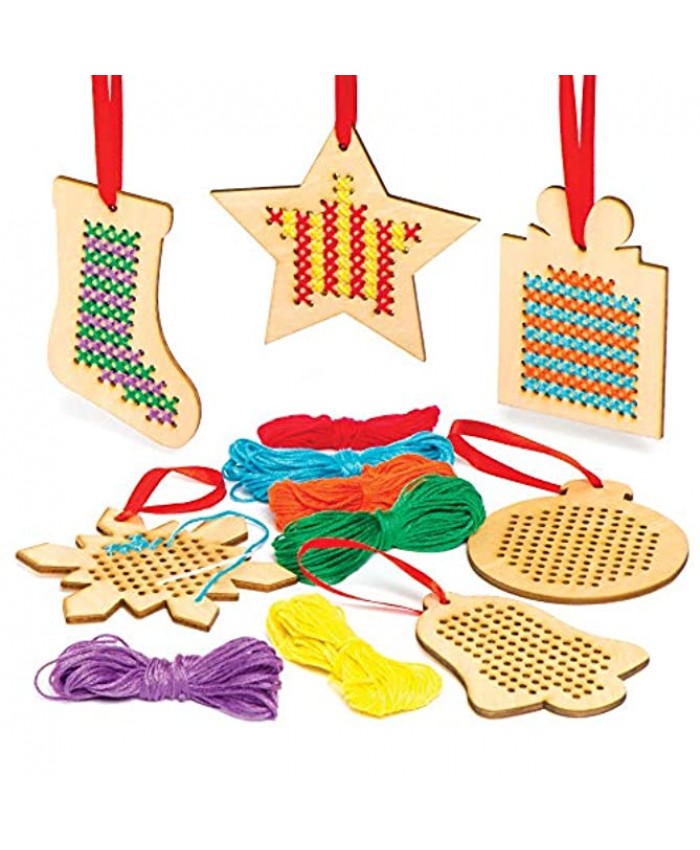 Baker Ross AC505 Christmas Wooden Decoration Cross Stitch Kits Pack of 6 Christmas Tree Ornaments Made with Rainbow Magic Paper for Kids to Decorate in Arts and Crafts Activities