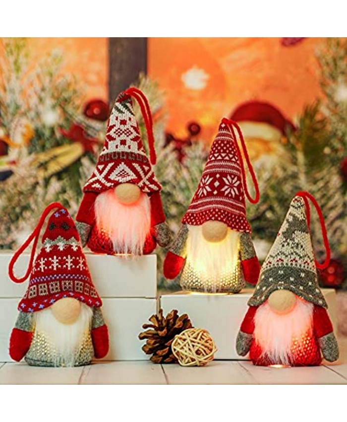 LURLIN Gnome Christmas Ornaments with Led Light 4 Pack Handmade Swedish Tomte Gnomes Scandinavian Santa Elf Plush Table Ornaments Christmas Tree Hanging Decoration Home Decor