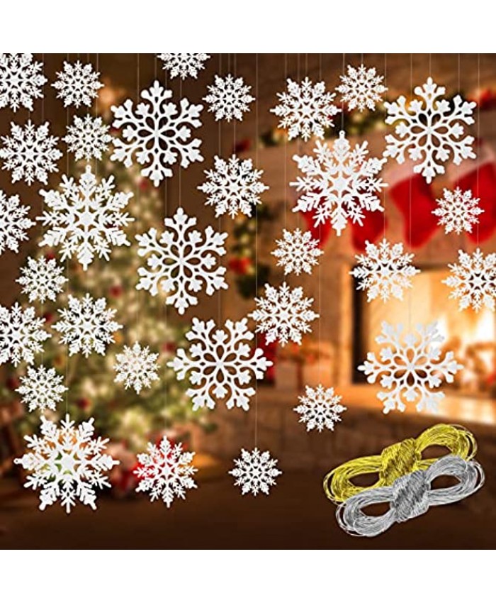 46 Pcs White Glitter Snowflake Ornaments Various Size Plastic Winter Snowflakes Ornaments Christmas Tree Decorations with Silver Rope for Winter Wonderland Christmas Tree Window Door Accessories