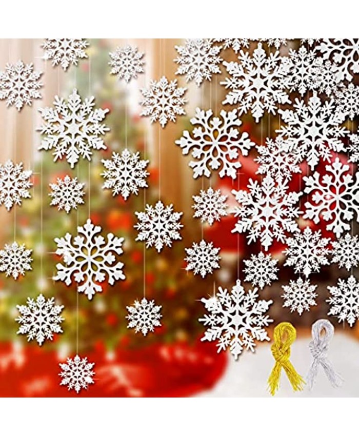 46Pcs Plastic Snowflake Ornament Christmas Glitter Snowflake Hanging Christmas Tree Decorations with Silver Rope for Winter Decorations Tree Window Door Accessories White