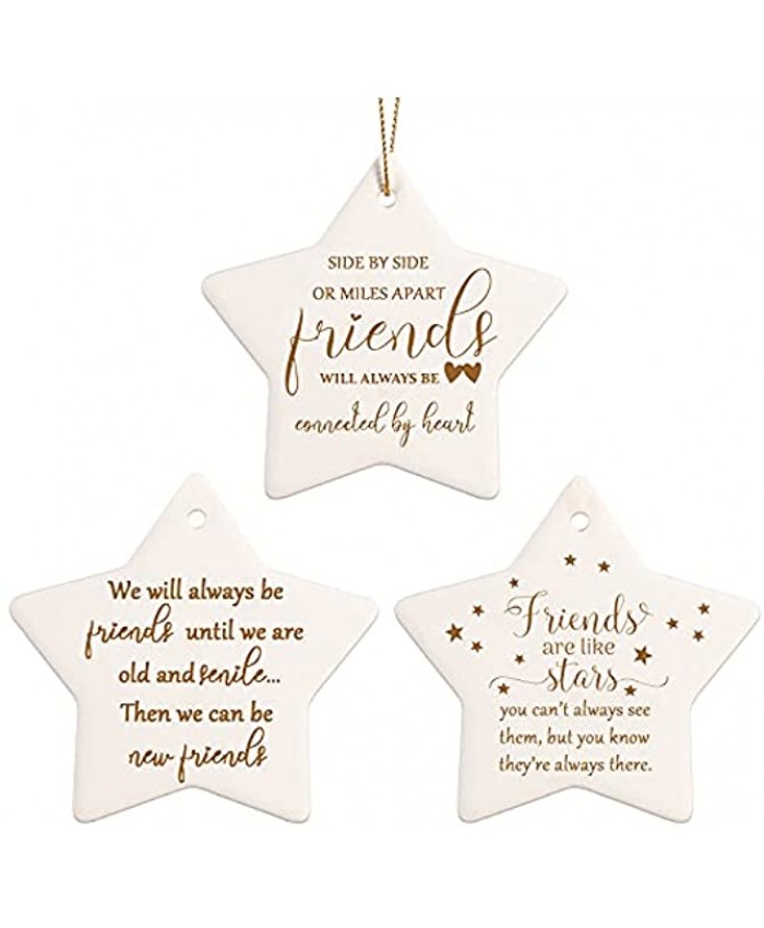 Christmas Friends Ornament 3 Pieces Christmas Star Shaped Ornament Ceramic Hanging Sign Decoration Remembrance Christmas Tree Ornament Good Friends are Like Stars Tags Crafts with Box for Friend